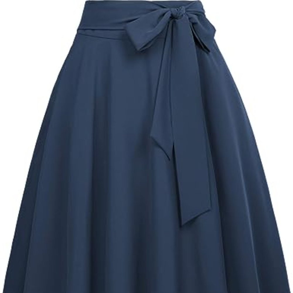 Blue High Waist A-Line Pockets Skirt Skater Flared Midi Skirt